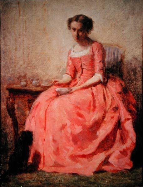 Dziewczyna w różowej sukience przy stole (olej na płótnie) autorstwa Charles Joshua Chaplin