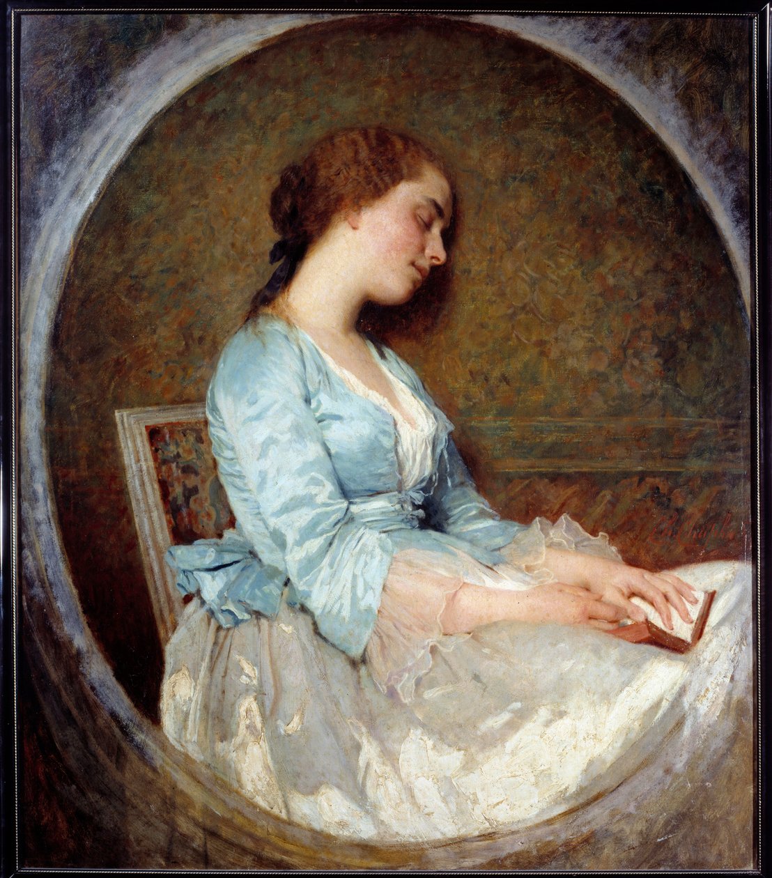 Sen młoda kobieta śpi na swojej książce. Obraz Charlesa Chaplina (1825-1891) 1857 nd. 1,06x0,92 m Marsylia, Musee des Beaux Arts autorstwa Charles Joshua Chaplin