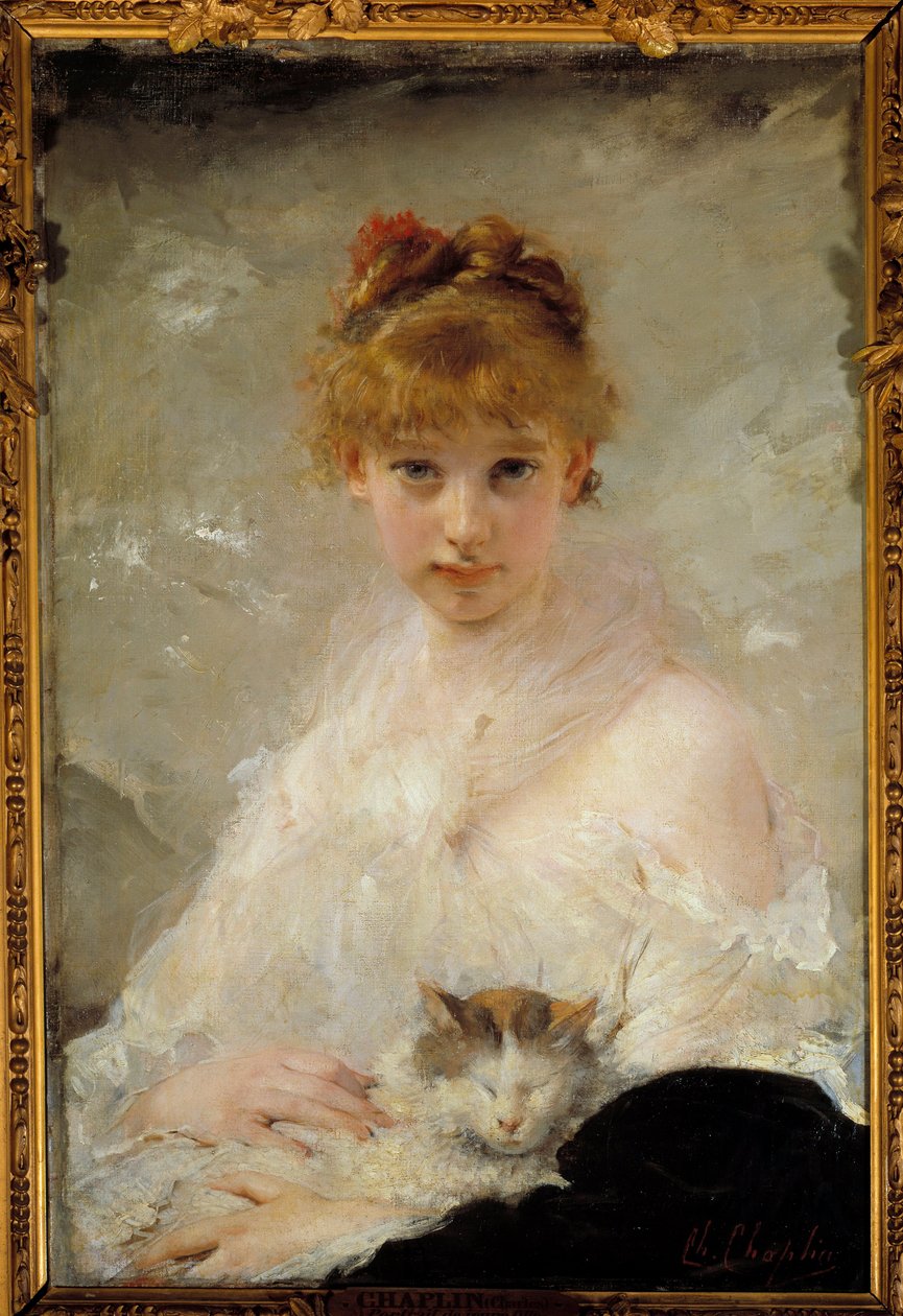 Młoda dziewczyna z kotem Obraz Charlesa Chaplina (1825-1891) XIX w. Compiegne, Muzeum Narodowe Zamku autorstwa Charles Joshua Chaplin
