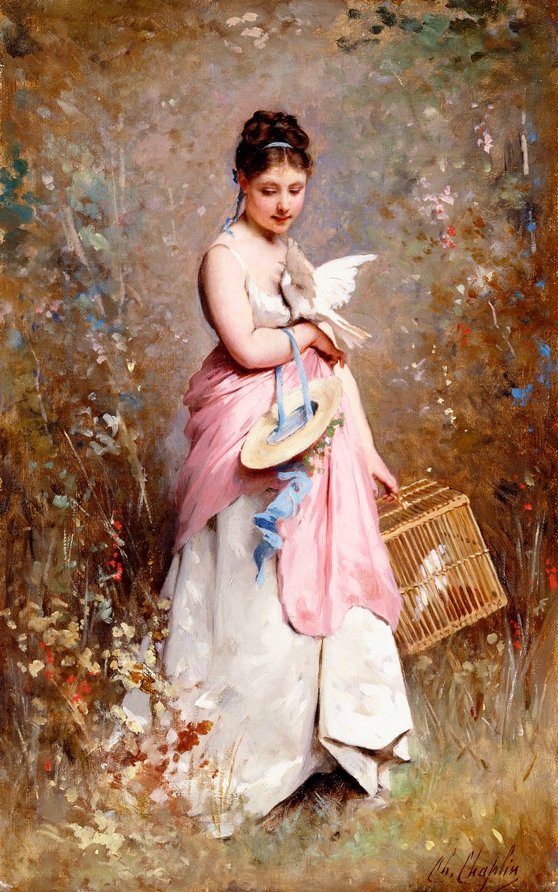 Młoda Dziewczyna z Gołębiami, autorstwa Charles Joshua Chaplin
