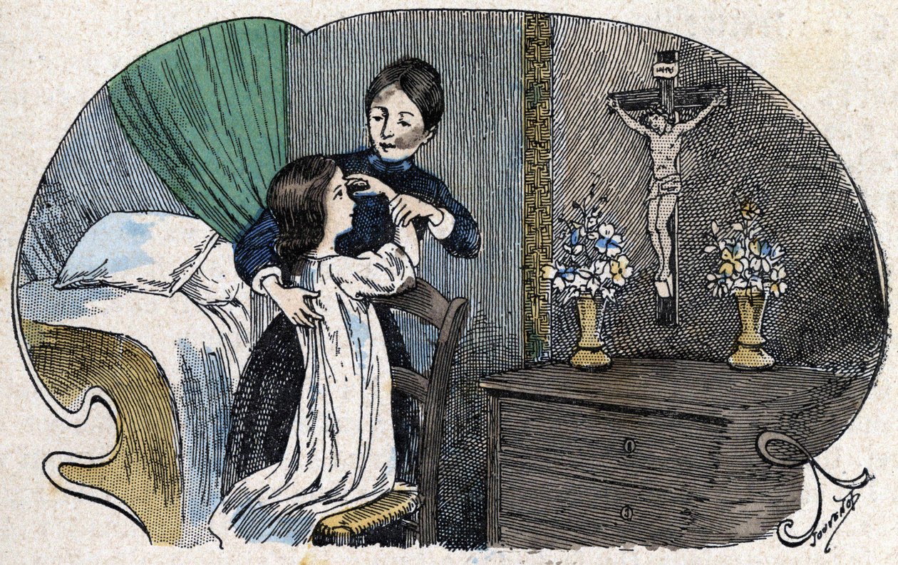 Znak krzyża. w „”Cała religijna władza – wierzę w bogów””, sd., ilustracja z końca XIX wieku Jouvenota. Biblioteka Katechizmów. Paryż. Kolekcja Leemage autorstwa Charles Jouvenot