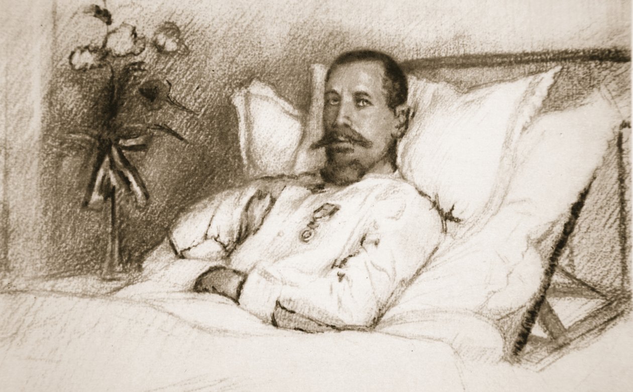 Przywódca, którego ranny Sir Ian Hamilton nazwał nieszczęście: generał Gouraud w szpitalu w Paryżu, z The Illustrated War News, 1915 litho autorstwa Charles Jules Duvent