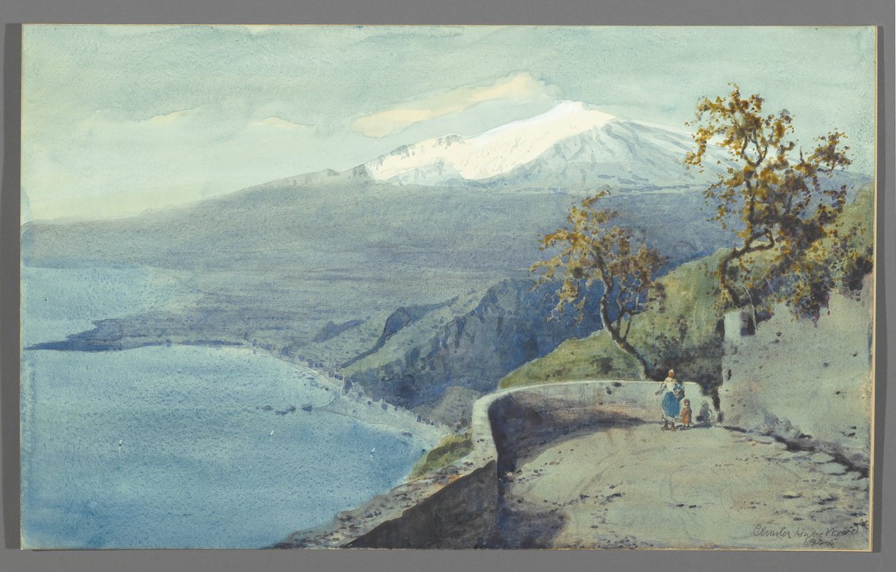 Widok na Etnę z Taorminy, Sycylia, 1925 (toaleta na papierze zamontowana na tekturze) autorstwa Charles King Wood
