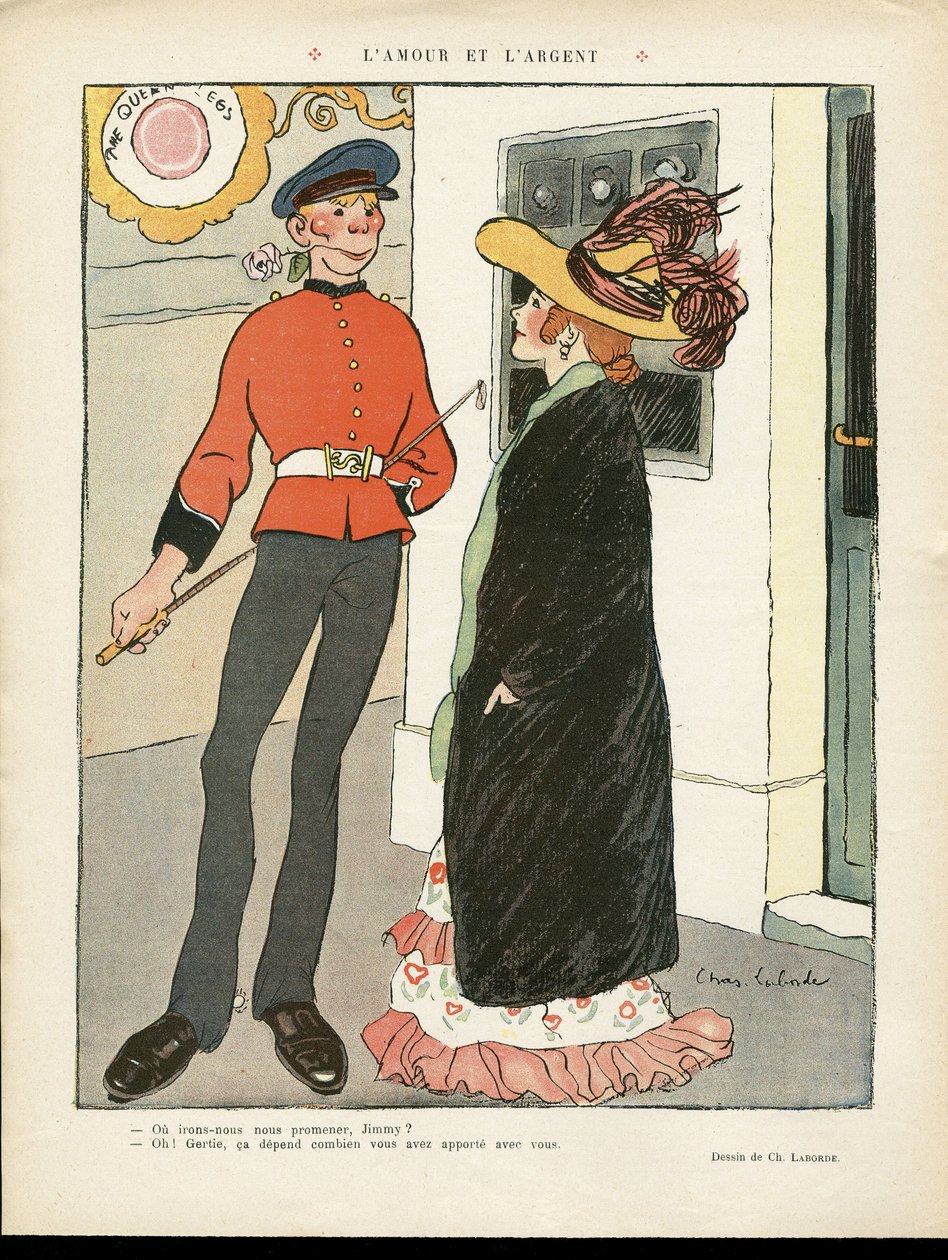 Ilustracja Chas-Laborde (1886-1941) w Le Lire, 27.07.12 - Miłość i pieniądze - Anglia Wielka Brytania, Miłość, Moda, Kapelusz autorstwa Charles Laborde