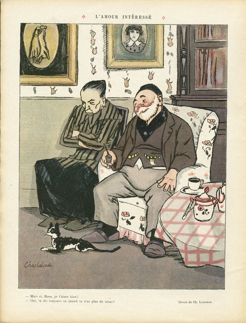 Ilustracja przedstawiająca Chas-Laborde (1886-1941) w Le Rire, 05/04/13 - Zainteresowana miłość - Miłość, Palenie, Architektura wnętrz, Kucharz gastronomiczny, Trzeci wiek, Tytoń - Kot autorstwa Charles Laborde