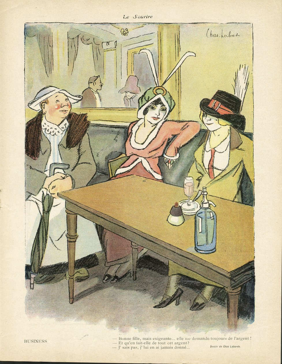 Ilustracja Chas-Laborde (1886-1941) w Le Smile, nr 9, 27.02.13 - Biznes - Kawiarnie, Moda, Kapelusz - Kupidyn, Chciwość - Kobiety autorstwa Charles Laborde