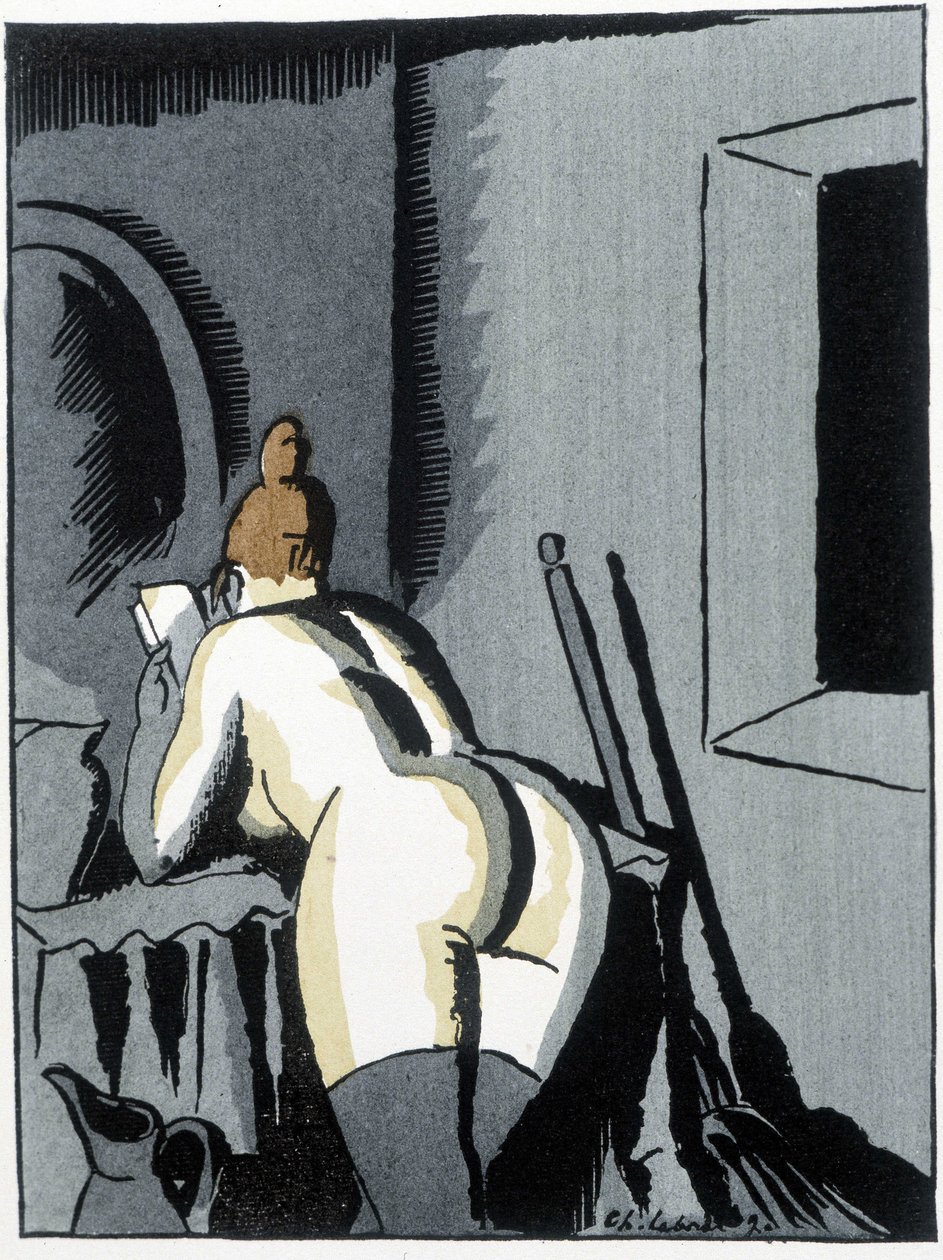 Naga kobieta, plecy, czytanie - w „” Le negre Leonard”” Pierre Mac Orlan, il. de Chas. Laborde (Charles Laborde) (1886-1941), wyd. sztandaru autorstwa Charles Laborde