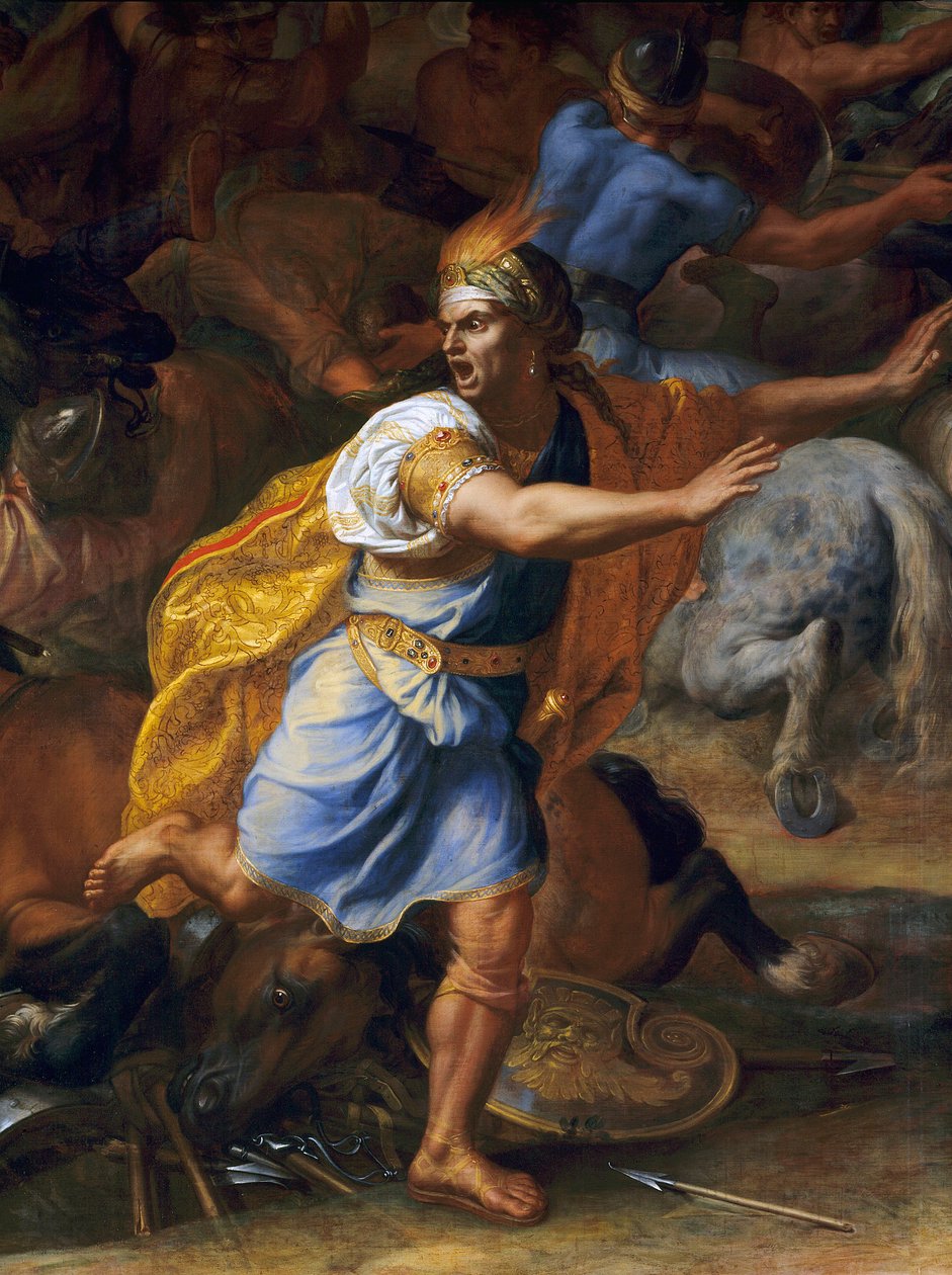 Przestraszony człowiek. Fragment bitwy pod Arbels (antyczny). Obraz Charlesa Lebruna (Le Brun) (1619-1690) autorstwa Charles Le Brun