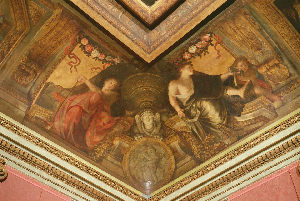 Sufit hotelu La Rivière, detal Erato i Terpsichore, 1653 olej na płótnie autorstwa Charles Le Brun