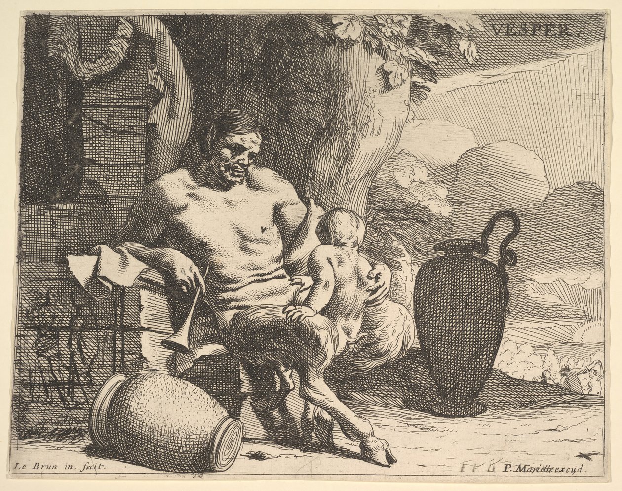 Wieczór: siedzący satyr obejmuje swoje dziecko, postać wisi girlandę na pomoście za nią, f..., ok. godz. 1640. autorstwa Charles Le Brun