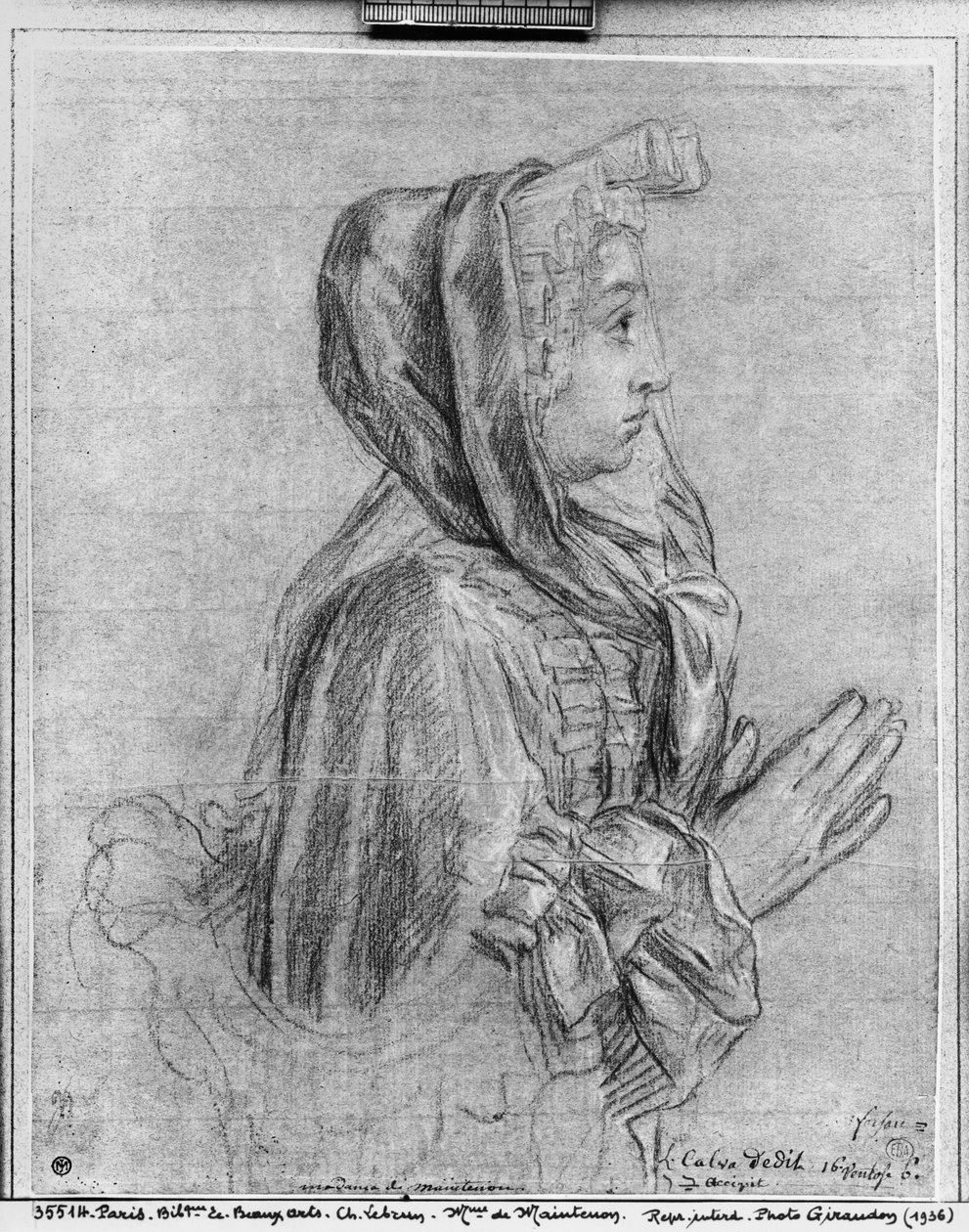 Półdługi profil kobiety ze splecionymi rękami, znanej jako Madame de Maintenon (pierre noire i kreda na brązowym papierze) autorstwa Charles Le Brun
