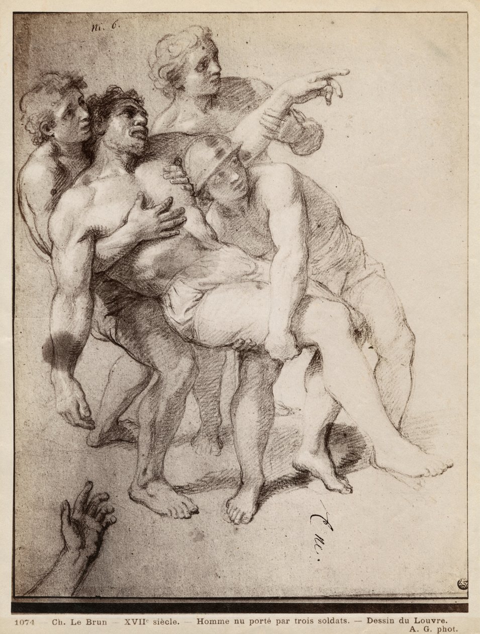 Półnagi mężczyzna wspierany przez trzech mężczyzn, studium do „Aleksander Wielki i Porus” lub „Klęska Porusa”, ok. 1665-73 (pierre noire i białe kredowe refleksy na beżowym papierze) autorstwa Charles Le Brun