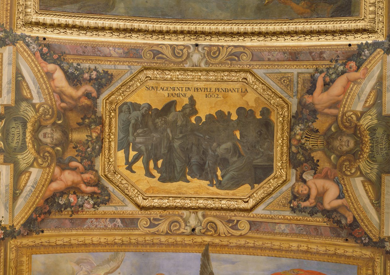 Pomoc ludowi podczas głodu w 1662 r., Malowidło na suficie z Galerie des Glaces autorstwa Charles Le Brun
