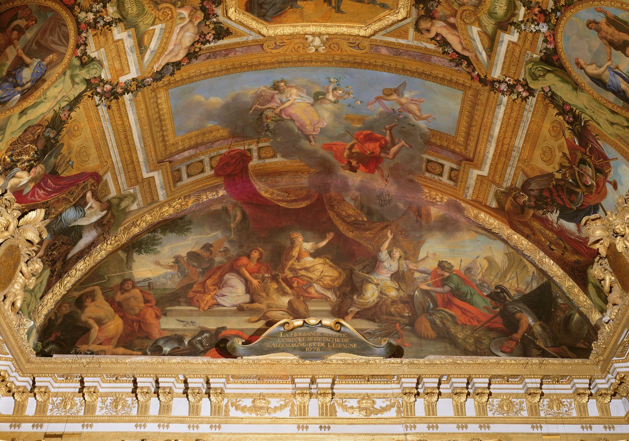 Holandia akceptuje pokój i odłącza się od Świętego Cesarstwa Rzymskiego i Hiszpanii w 1678 r., malowidło na suficie z Galerie des Glaces autorstwa Charles Le Brun