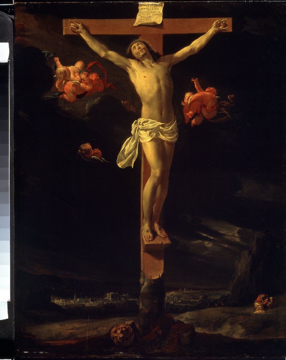 Ukrzyżowanie. Można odczytać łaciński napis na krzyżu „His est iesus rex iudeorum” (To jest Jezus, król Żydów). Obraz Charlesa Le Bruna (1619-1690) autorstwa Charles Le Brun