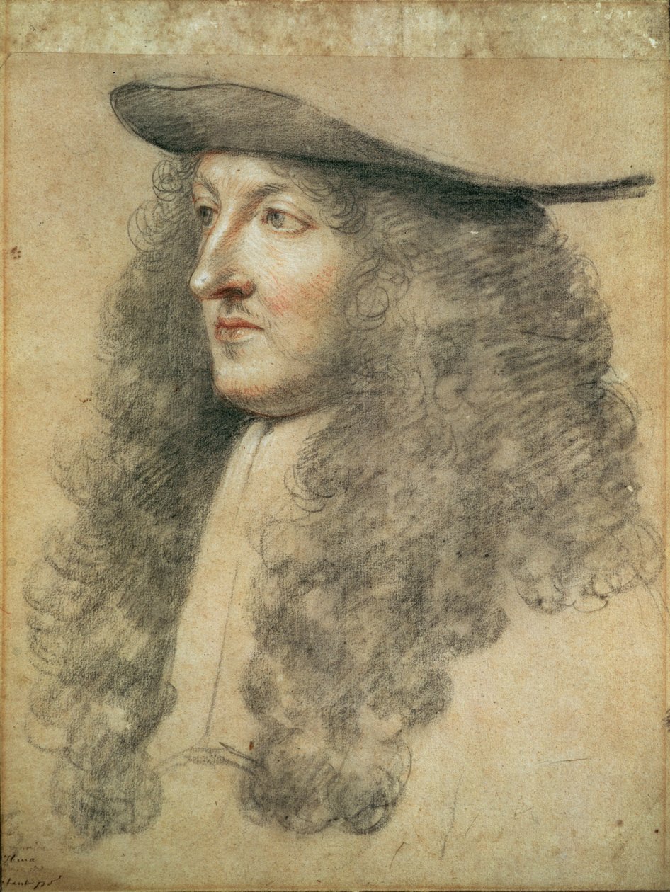 Portret Głowa króla Ludwika XIV, ok. 1663 (czarna, czerwona i biała kreda na papierze) autorstwa Charles Le Brun