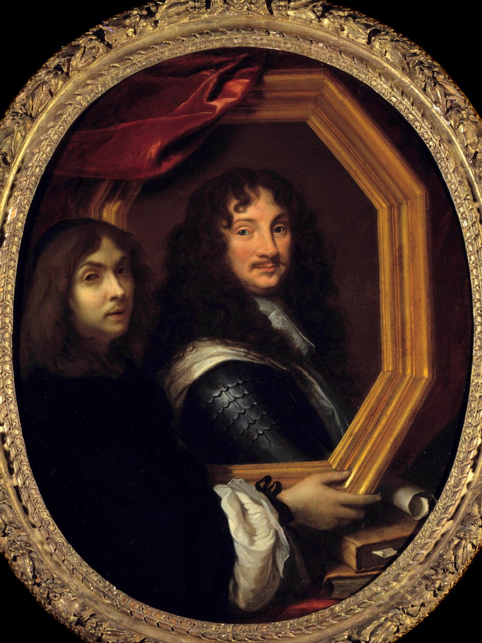 Portret artysty (lub autoportret) przedstawiający obraz wojskowy autorstwa Charlesa Lebruna (Le Brun) (1619-1690) XVII-wieczne Słońce. 1,04x0,85 m - Portret artysty (lub autoportret) trzymającego portret wojskowy. Obraz Charlesa Lebru autorstwa Charles Le Brun