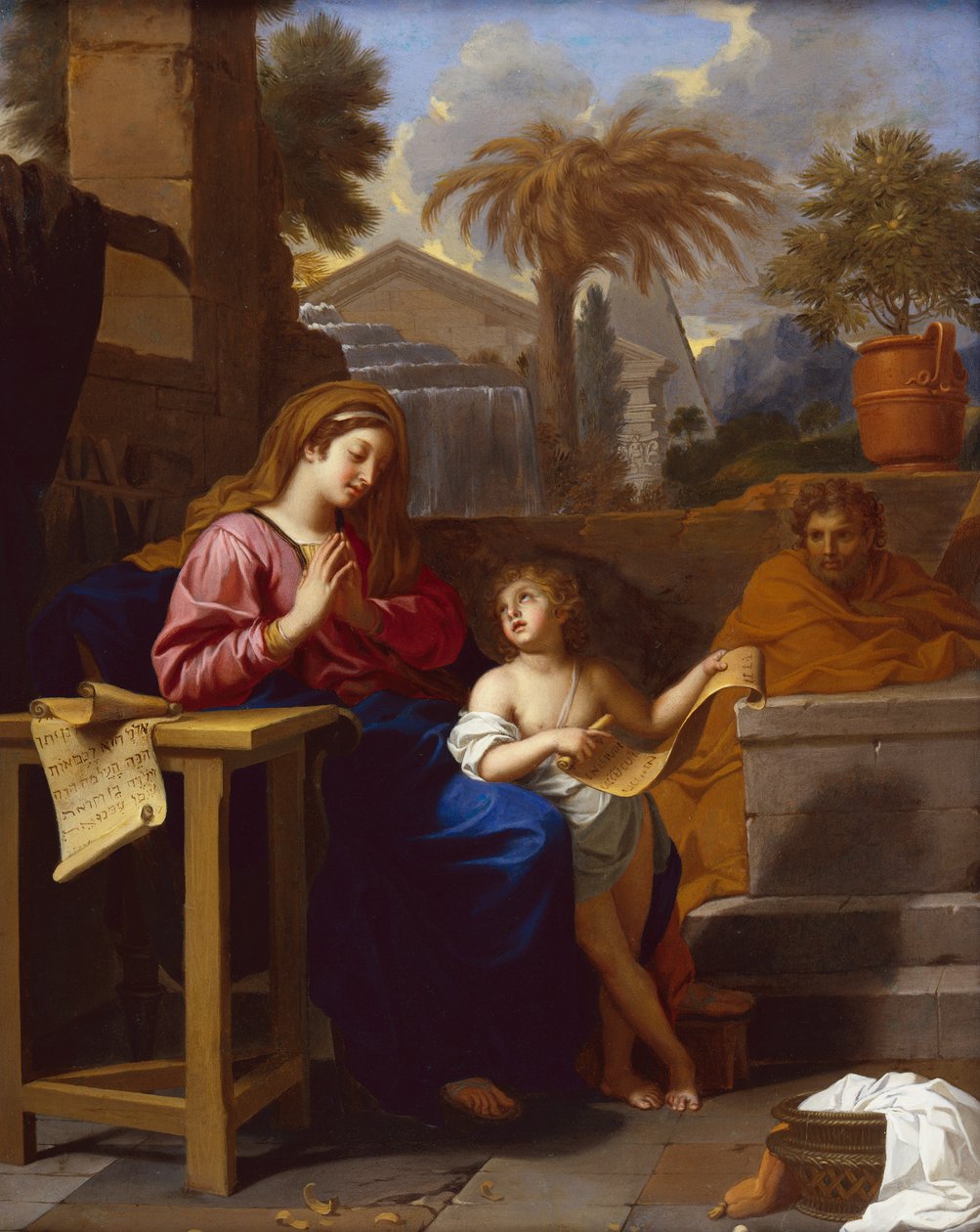 Święta Rodzina w Egipcie z Dzieciątkiem Chrystus czytającym pismo hebrajskie (olej na płótnie) autorstwa Charles Le Brun