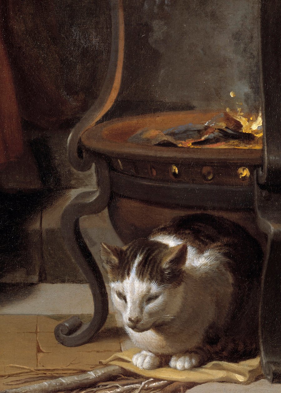 Sen Dzieciątka Jezus Szczegół przedstawiający kota śpiącego pod piecem. Obraz Charlesa Lebruna (Le Brun) (1619-1690) 1655 nd. 0,87x1,18m² autorstwa Charles Le Brun
