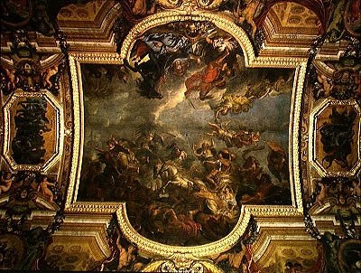 Widok króla zdobywającego Maastricht w trzynaście dni w 1673 r. i Przejście nad Renem w obecności wrogów w 1672 r., malowidło na suficie z Galerie des Glaces autorstwa Charles Le Brun
