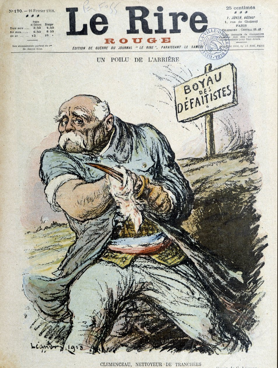Owłosiony tył: Clemenceau, czyścik do rowów. Okładka „Śmiech” z 16.02.1918 r. autorstwa Charles Leandre