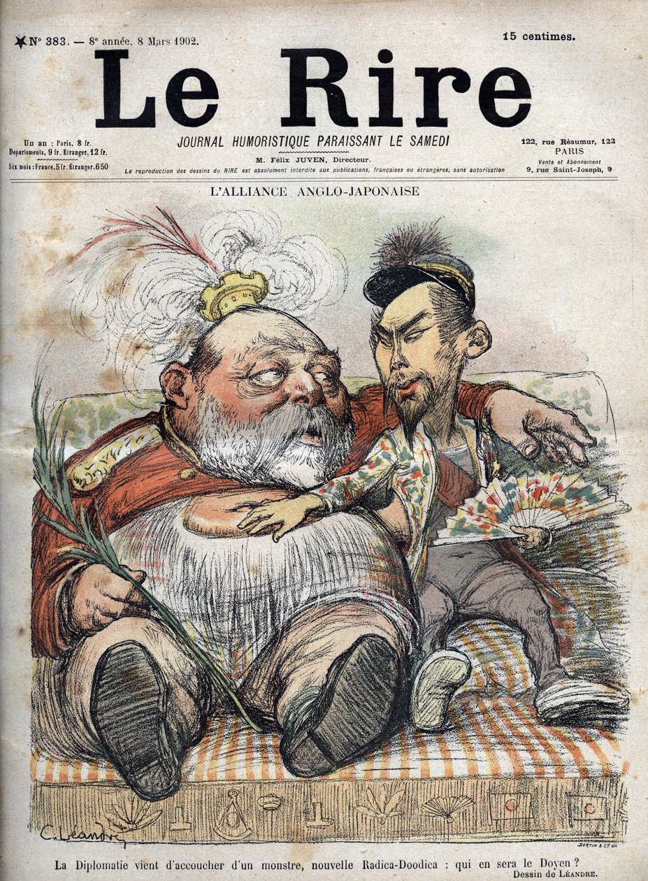 Sojusz Anglo-Japoński (Japanese Anglo 1902) Dyplomacja właśnie zrodziła potwora, nową Radicę-Doodicę: kto będzie dziekanem? - Król Edward VII - KARYKATURA 1902 autorstwa Charlesa LEANDRE (1862-1934) za "Śmiech" autorstwa Charles Leandre