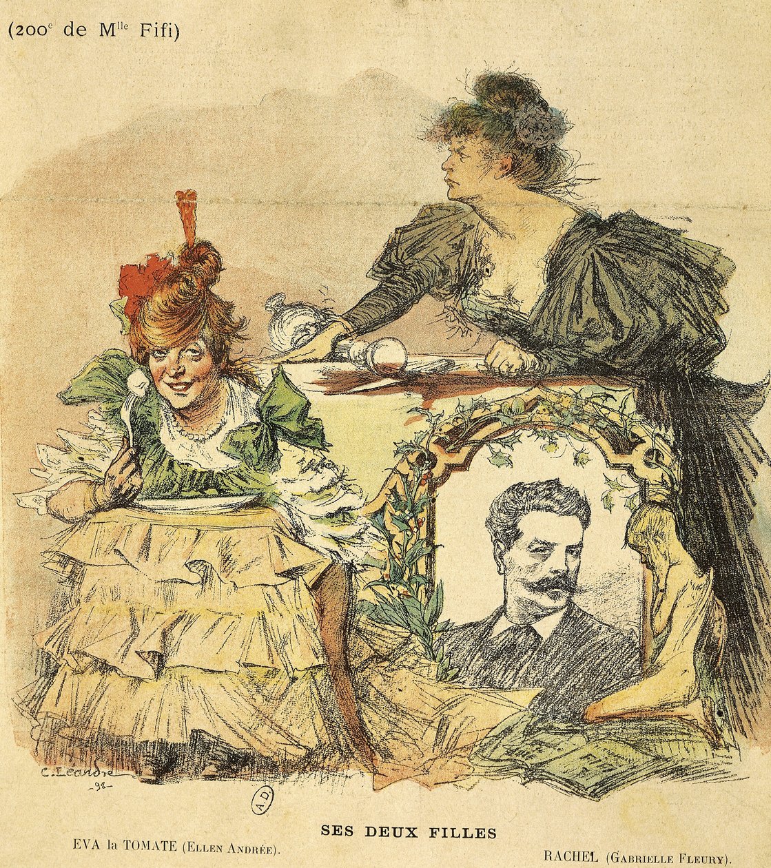 Karykatura do dwusetnego przedstawienia Mademoiselle Fifi z powieści Guy de Maupassant (1850-1893) (ilustracja) autorstwa Charles Leandre