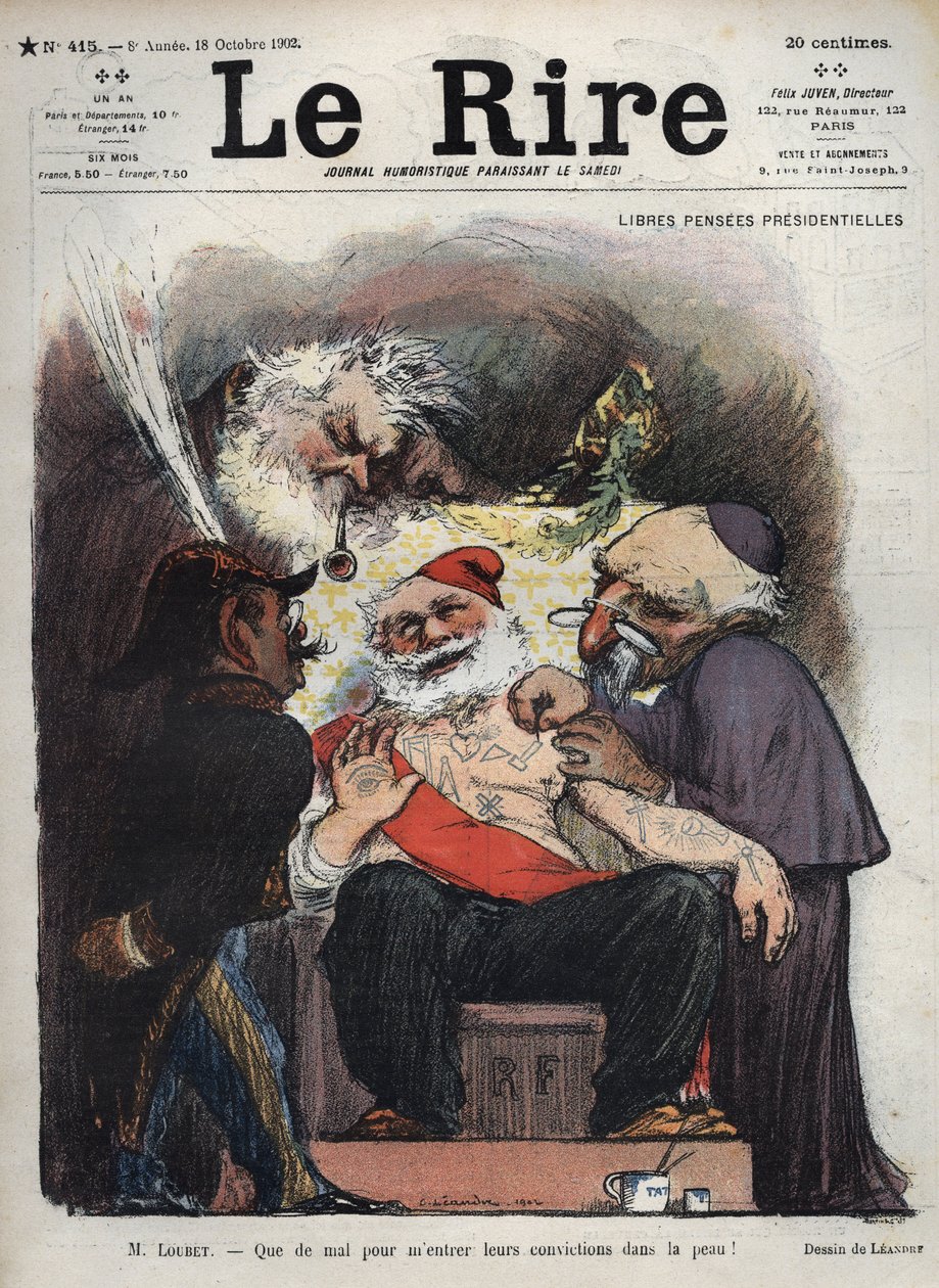 Emile Loubet - Darmowe Prezydenckie Emerytury - Panie Loubet - Ciężko mi wbić ich przekonania w skórę! - (Charles Leandre (1862-1934) kpi z państwa, kościoła i wojska przy łóżku prezydenta LOUBETA, pokryty makonicznymi i innymi znakami) karykatura autorstwa Charles Leandre