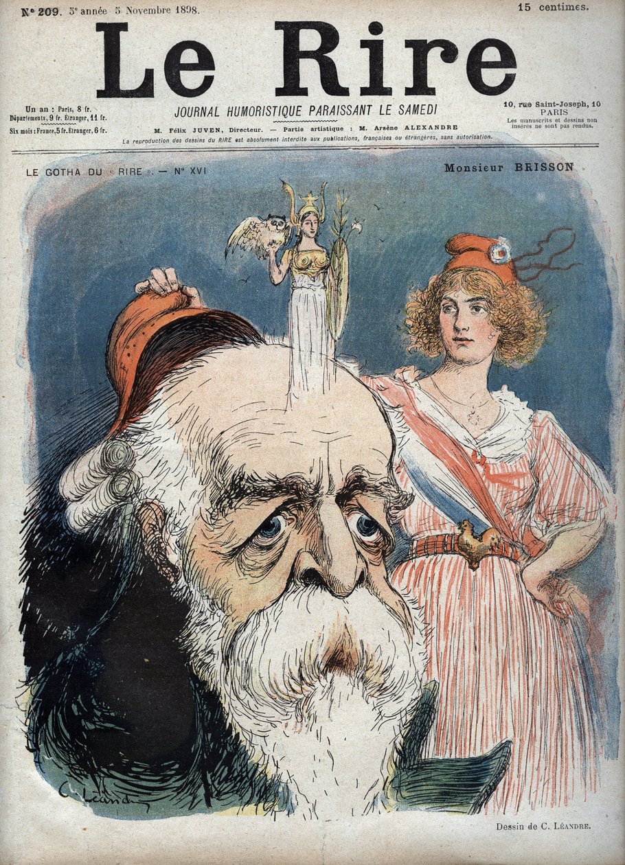 Eugene Henri Brisson (1835-1912), francuski prawnik, dziennikarz i polityk - Marianne podnosi czerwoną czapkę z głowy Bressona i wydaje się, że z jej głowy unosi się bogini Atena ze wszystkimi atrybutami - karykatura Charlesa Leandre (1862-1934) w „” Le Ri autorstwa Charles Leandre