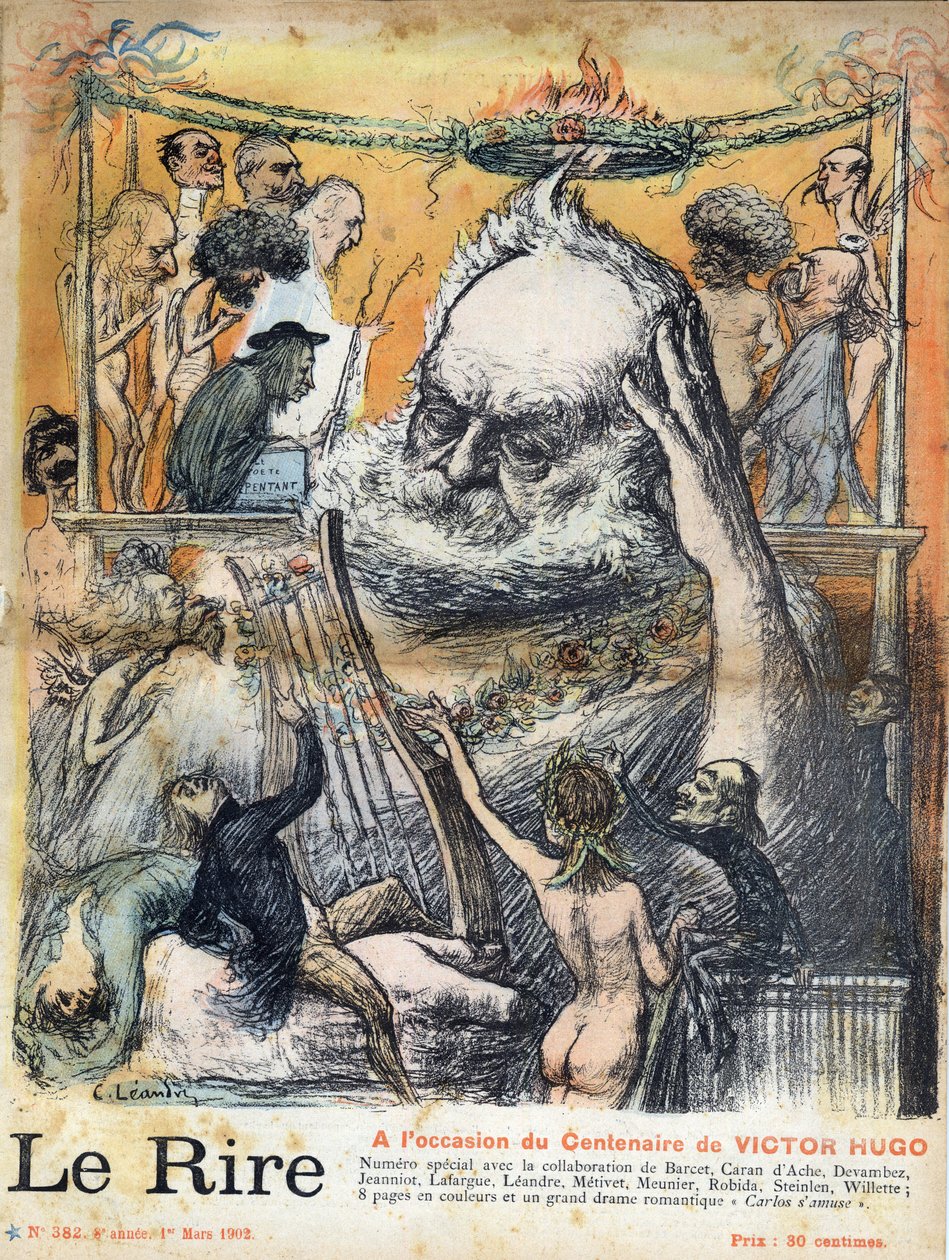 Pierwsza strona gazety „Le rire” z 1 marca 1902 r. poświęcona stuleciu urodzin Victora Hugo: rysunek Victora Hugo autorstwa Charlesa Leandre - Victor Hugo francuski pisarz, autorstwa Charlesa Leandre, pierwsza strona gazety z marca 1902 r. autorstwa Charles Leandre
