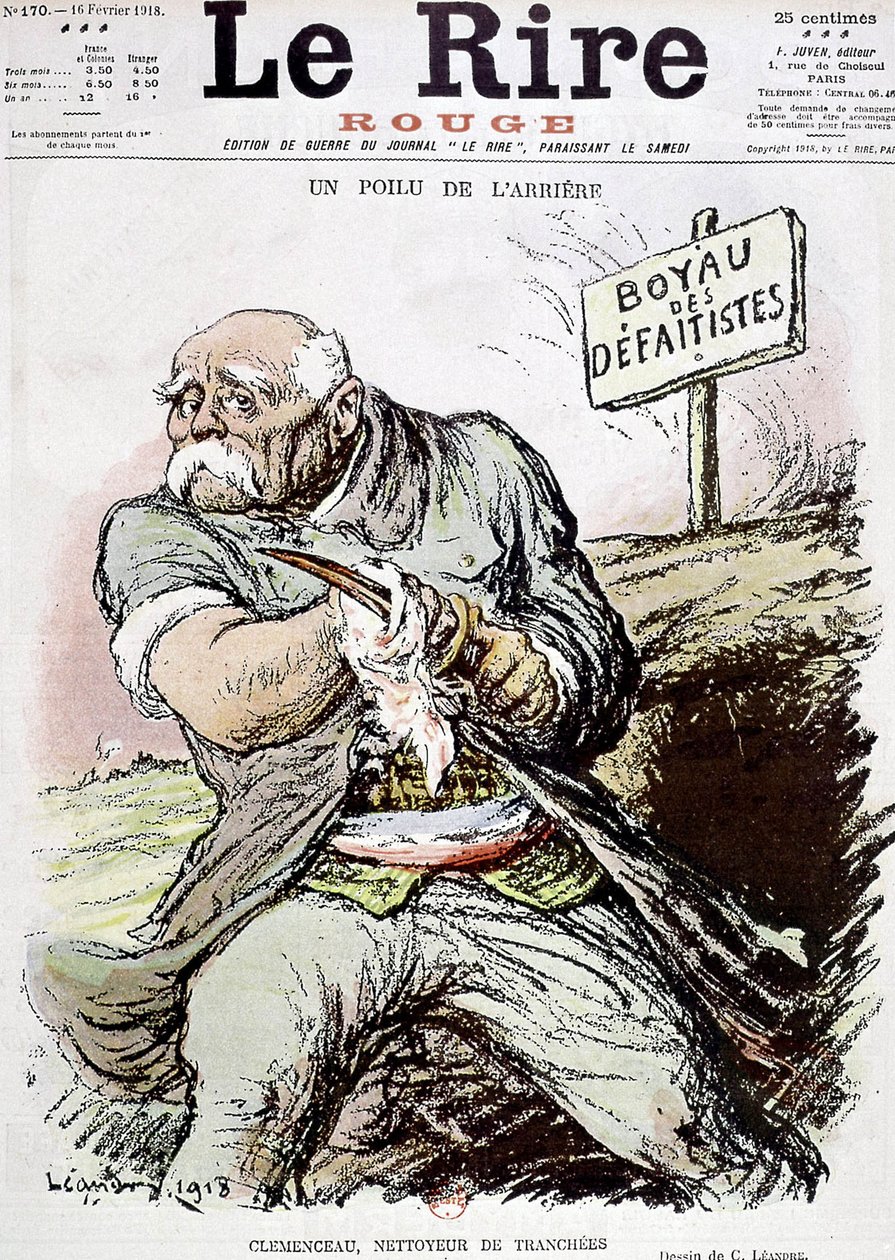 Georges Clemenceau (1841-1929) polityk francuski, karykatura Leandre przedstawiająca go jako sprzątacza okopów, opublikowana w gazecie „Le Rire” 16 lutego 1918 autorstwa Charles Leandre