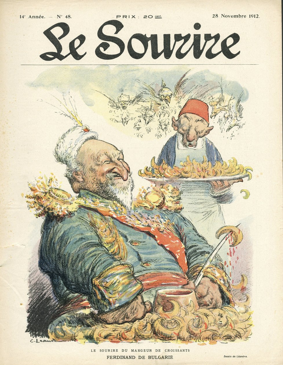 Ilustracja Charlesa Leandre (1862-1934) do okładki Le Smile, nr 48, 28.11.12 - Uśmiech jedzącego rogaliki - Turcja, Orient, Bałkany, Bułgaria - Ferdinand de Bulgaria autorstwa Charles Leandre