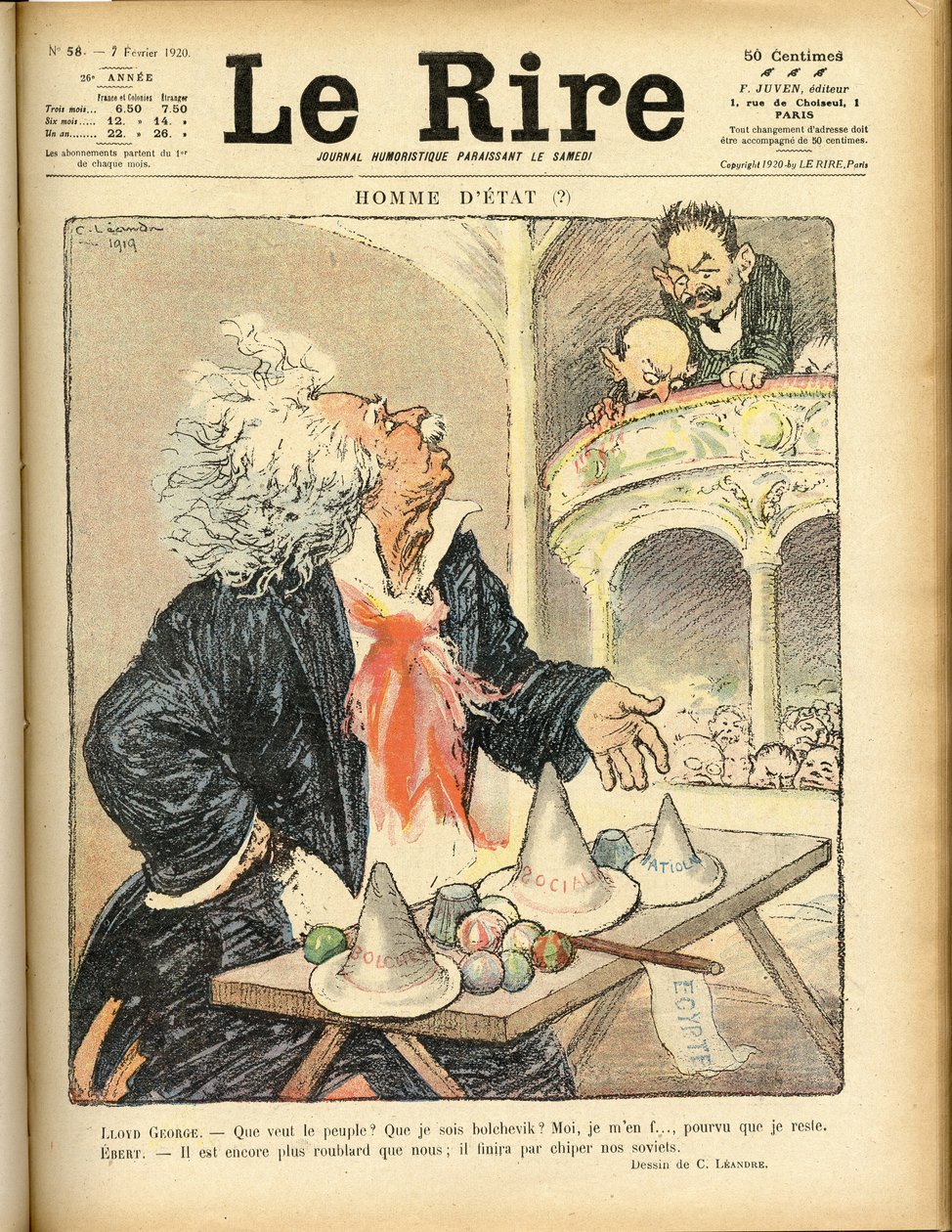 Ilustracja do okładki Le Rire, 07.02.1920 - Statesman - David Lloyd George i Ebert Friedrich (1871-1925) autorstwa Charles Leandre