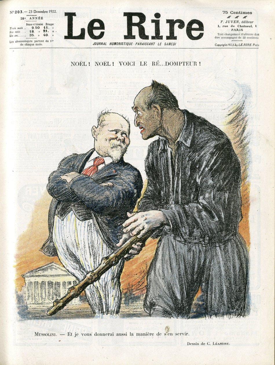 Ilustracja Charlesa Leandre (1862-1934) na okładkę Le Rire, 23.12.22 - Noel Noel - Prezydent Republiki - Poincare Raymond, Mussolini Benito, Tamer autorstwa Charles Leandre
