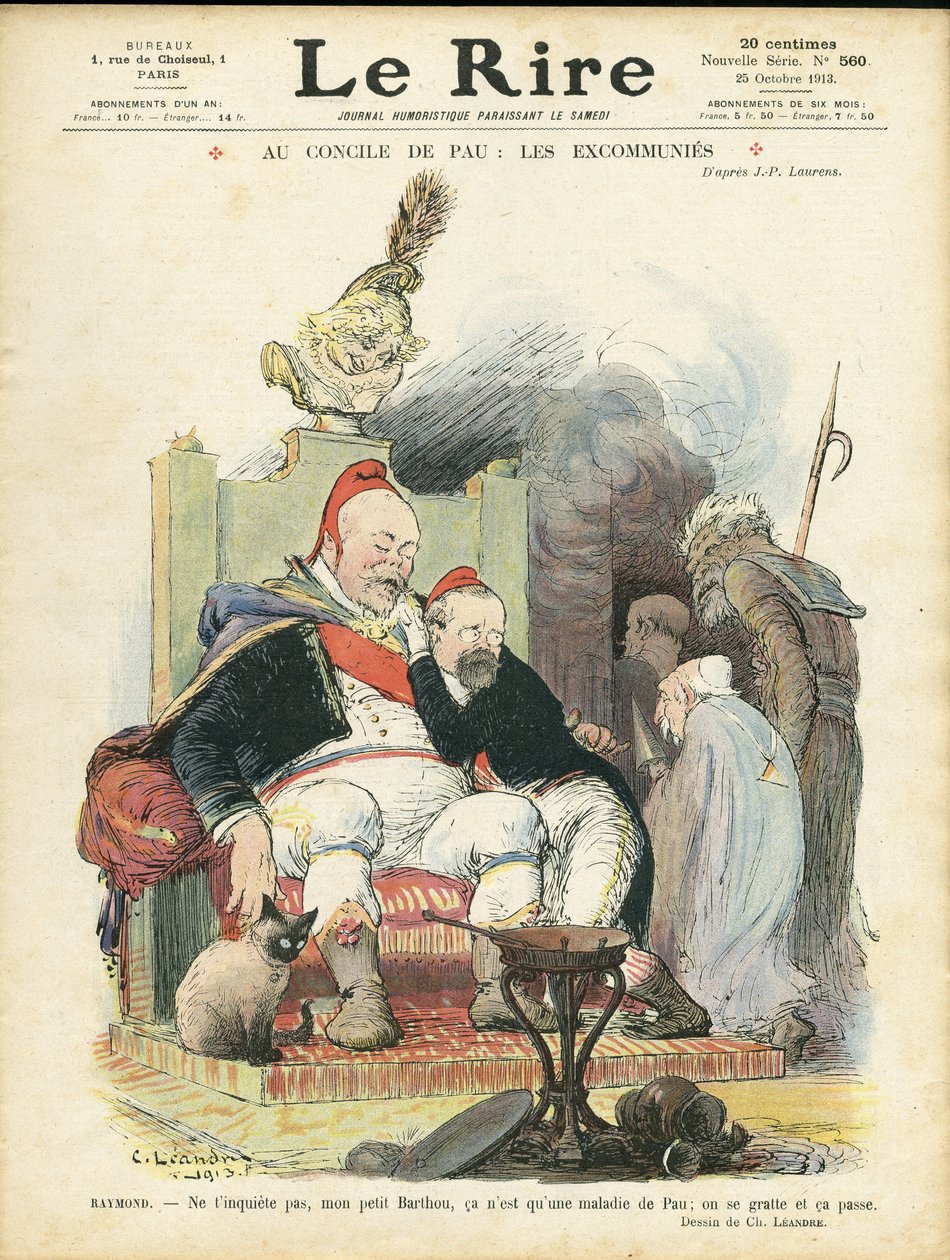 Ilustracja Charlesa Leandre (1862-1934) na okładkę Le Rire, 25.10.13 - Na soborze w Pau: excommunie - Religia Wiara, Prezydent Republiki, Chapeau, Fotel (symbol władzy) - Combes Emile (1835-1921), Marianne, Poincare Raymond, autorstwa Charles Leandre