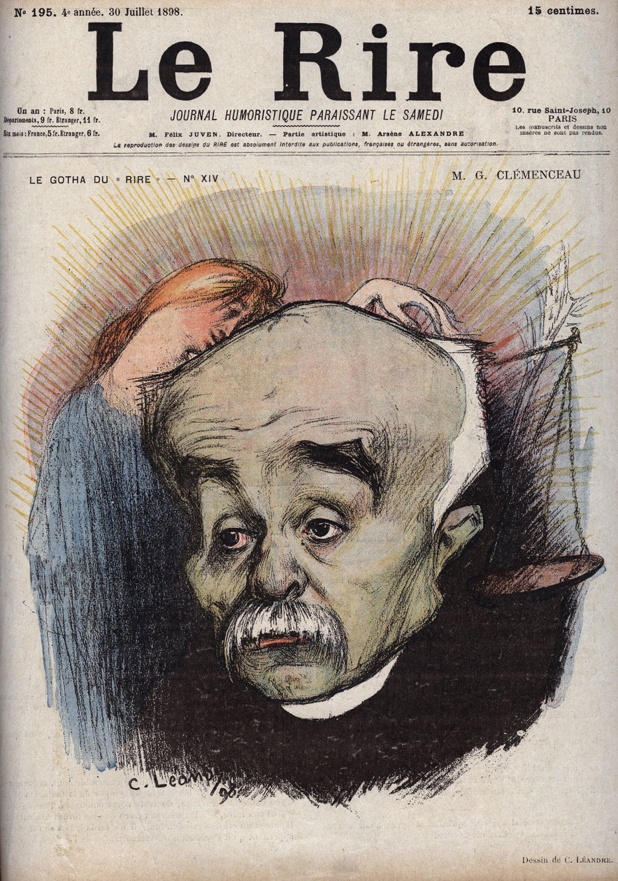 Portret Georgesa Clemenceau (1841-1929) – saldo odnosi się do gazety „La Justice”” i jej dyrektora Corneliusa Herza, który otrzymał pieniądze od Clemenceau – karykatura Charlesa Leandre (1862-1934) w „Le Rire”” ” z 30 lipca autorstwa Charles Leandre