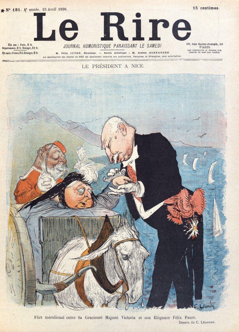 Królowa Wiktoria (1819-1901) flirtuje z prezydentem Felixem Faure (1841-99) podczas wakacji w Nicei, okładka magazynu „Le Rire”, 23 kwietnia 1898 autorstwa Charles Leandre