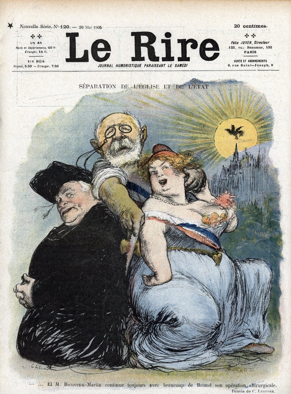 Oddzielenie od Kościoła i państwa: „” francuski polityk Jean-Bienvenu Martin (Bienvenu-Martin) (1847-1943), minister edukacji publicznej, sztuk pięknych i kultu, desperacko starający się oddzielić Kościół jako ksiądz we Francji (separacja francuska chu autorstwa Charles Leandre