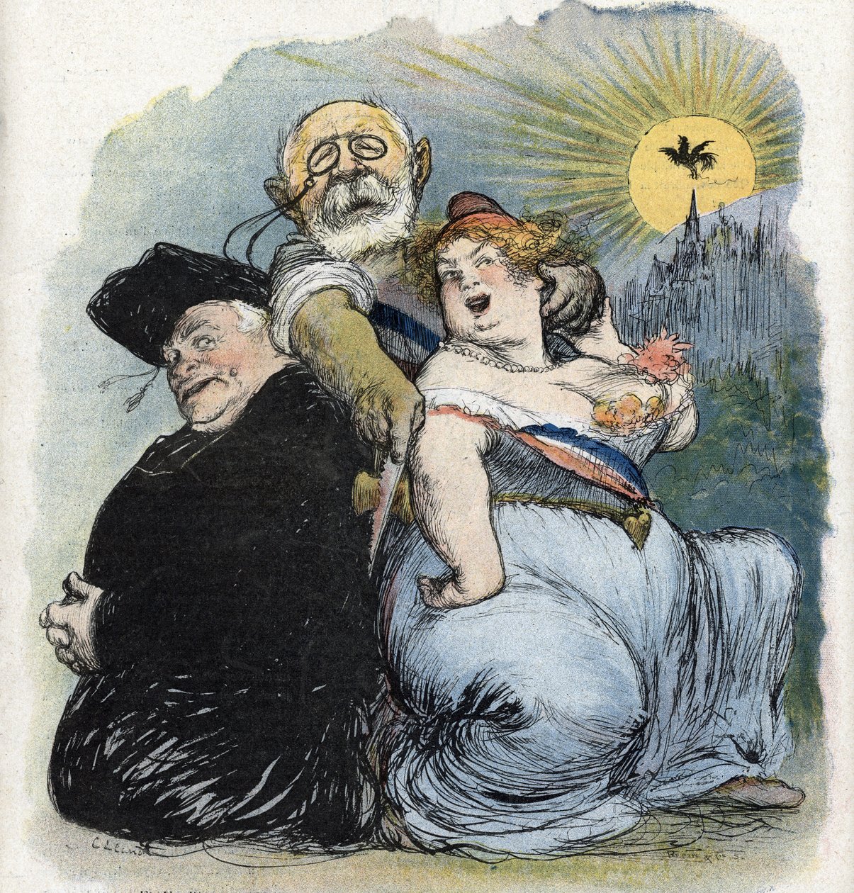 Oddzielenie od Kościoła i państwa: „” francuski polityk Jean-Bienvenu Martin (Bienvenu-Martin) (1847-1943), minister edukacji publicznej, sztuk pięknych i kultu, desperacko starający się oddzielić Kościół jako kapłan Francji (separacja francuska chu autorstwa Charles Leandre