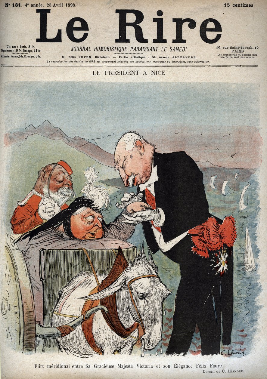 Prezydent w Nicei – Prezydent Francji Felix Faure spotkał się w Nicei z królową Wiktorią – Karykatura Charlesa Leandre (1862-1934) w „Le Rire” z 23 kwietnia 1898 r. autorstwa Charles Leandre