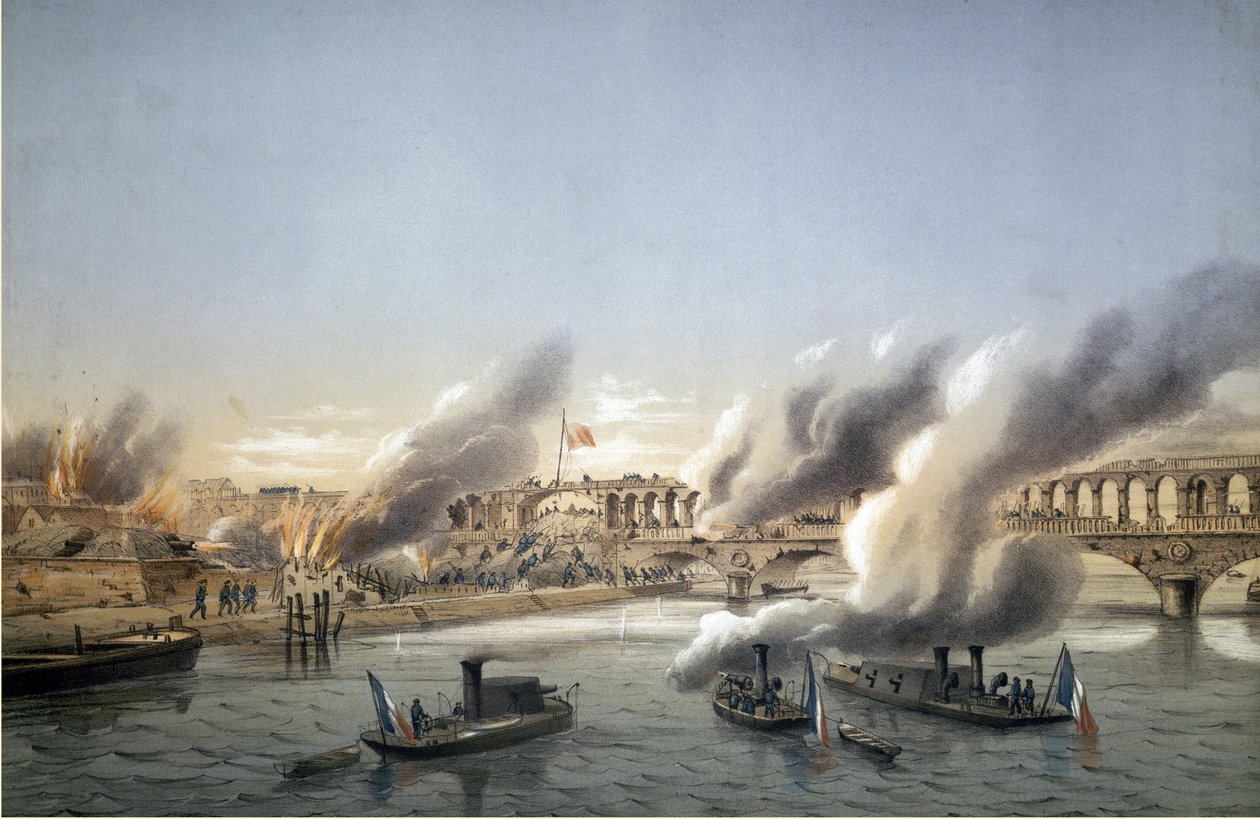 Gmina Paryska, Krwawy Tydzień. „””” La Flotille de la Seine wymuszająca wejście do Paryża na Barricade du Point du Jour w dniu 21 maja 1871 - Grawerowane przez Charlesa Leduca (1831-1911) autorstwa Charles Leduc
