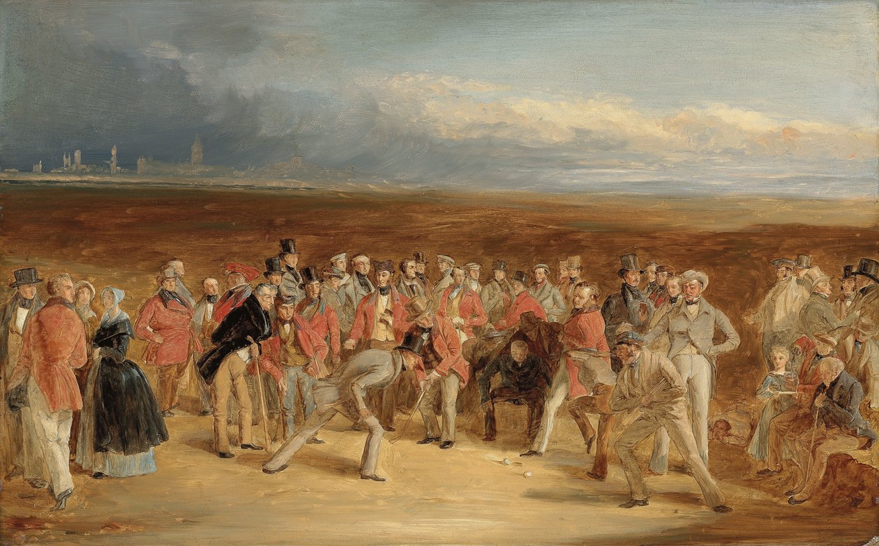 Gotowy szkic The Golfers: A Grand Match rozegrany na St. Andrews Links przez Sir Davida Bairda, Bt. i Sir Ralph Anstruther, Bt. Balcaskie, przeciwko Major Playfair i John Campbell, Esq. Glensaddell, w 1850 autorstwa Charles Lees