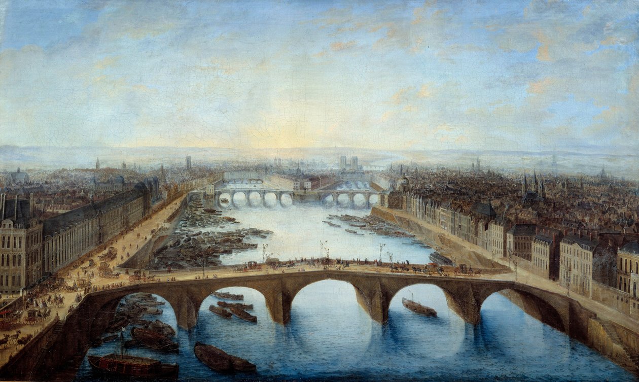 Cavalierski widok Paryża przejęty przez Pont Royal w 1741 Obraz Charlesa Grevenbrocka (?-1758) 1741 Nd. 0,96x1,62 m Paryż, musee Carnavalet - Panoramiczny widok Paryża nad Pont Royal w 1741 r. Obraz Charlesa Grevenbroecka (? -1758) autorstwa Charles Leopold Grevenbroeck