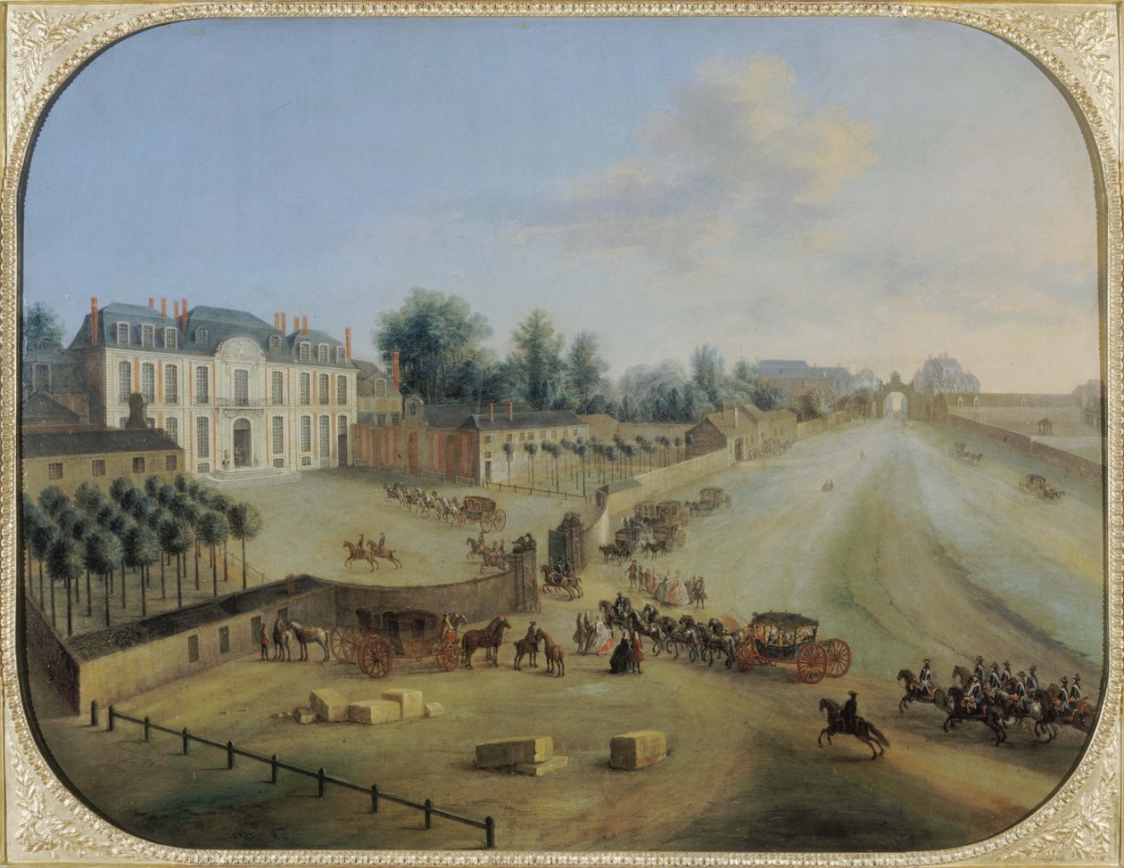 Widok na Chateau de la Muette z przybyciem króla Ludwika XV (1710-74), ok. 1738 (olej na płótnie) autorstwa Charles Leopold Grevenbroeck
