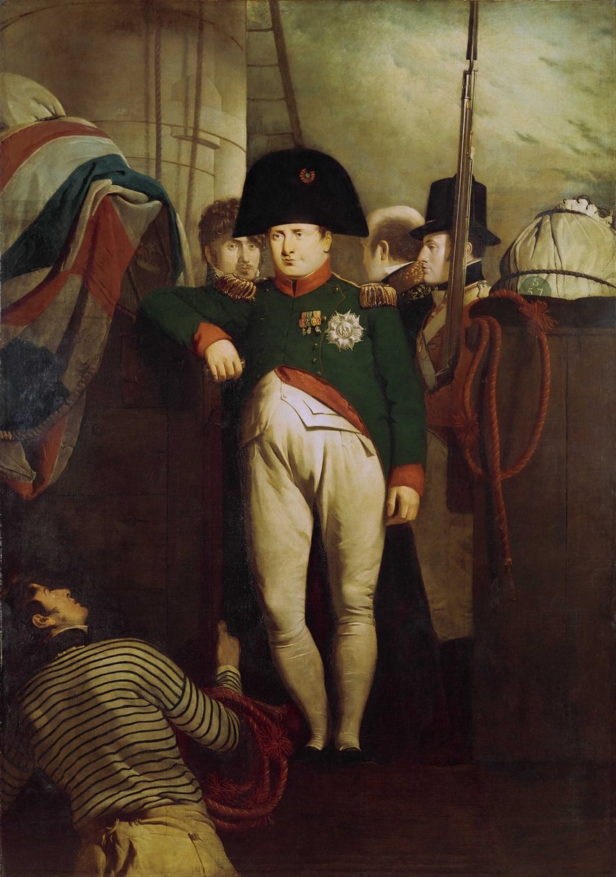 Napoleon Bonaparte na pokładzie "Bellerophon" w Plymouth Sound autorstwa Charles Lock Eastlake