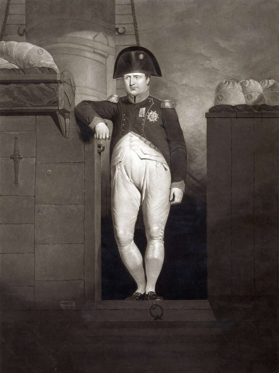 Napoleon Bonaparte na trapie HMS Bellerophon po dotarciu do Plymouth Sound, sierpień 1815, ryty przez Charlesa Turnera autorstwa Charles Lock Eastlake