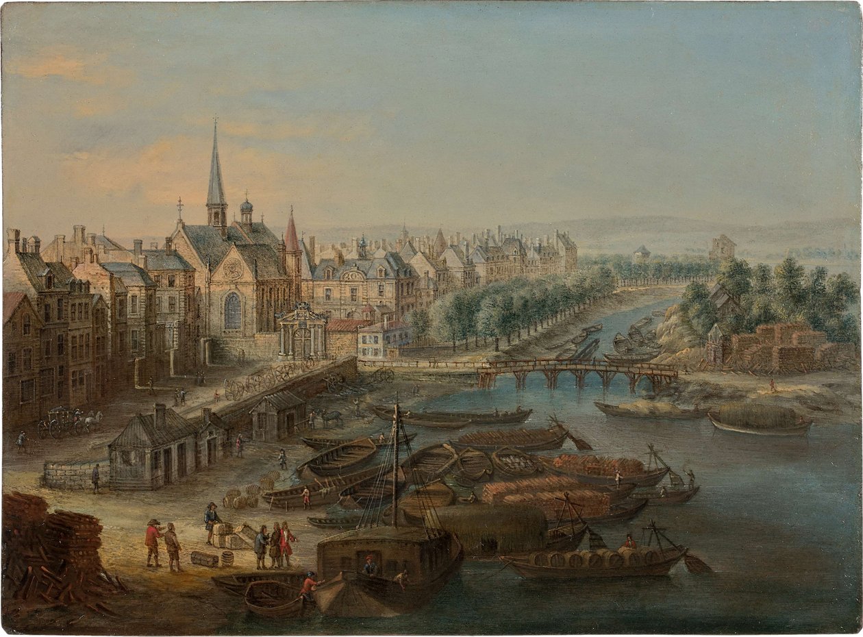 Widok na Arsenał, port Saint Paul i quai des Célestins w Paryżu, lata 30. XVIII wieku. autorstwa Charles Léopold van Grevenbroeck