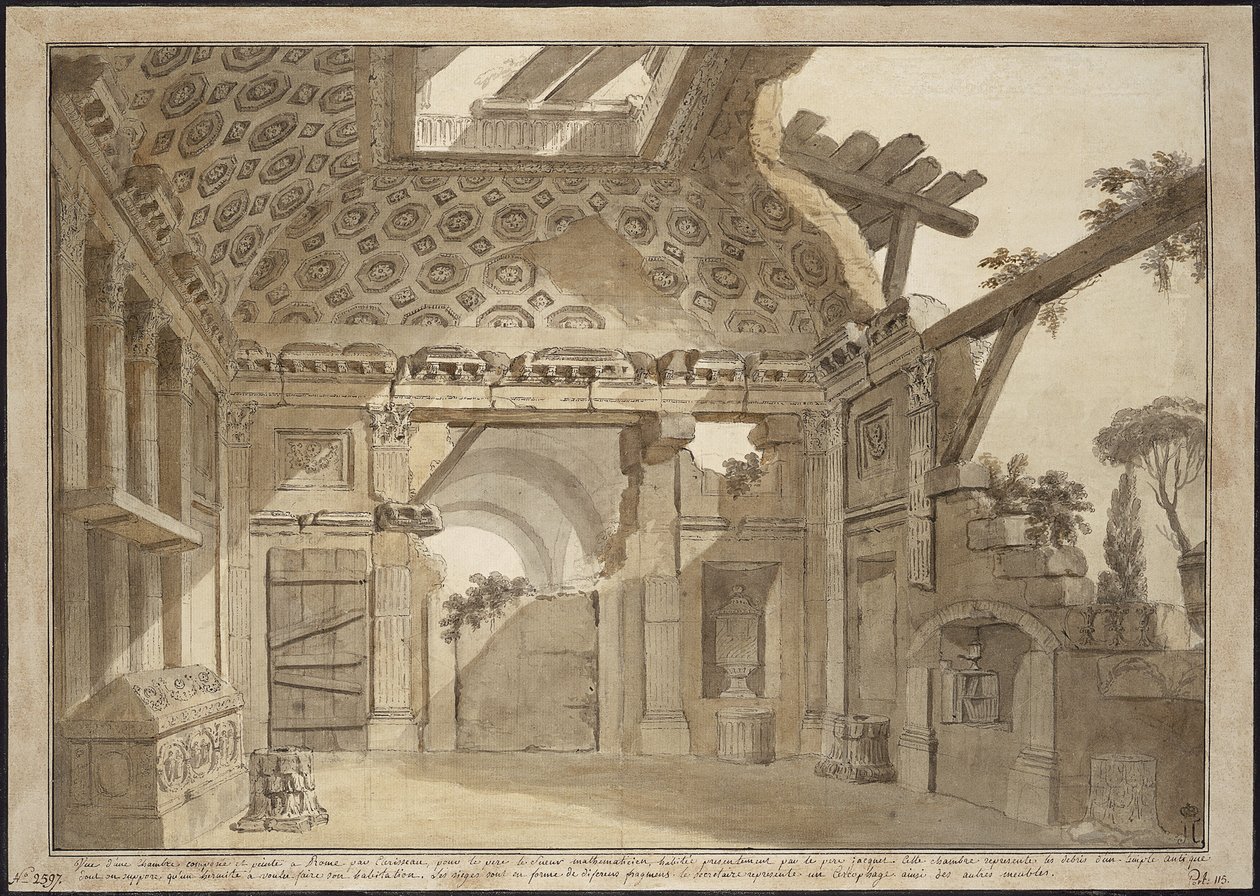 Projekt malowideł w celi Ojca Lesueura w klasztorze Santissima Trinita dei Monti w Rzymie - Charles Louis Clerisseau (1722-1820). Pióro, pędzel, tusz szaro-brązowy, kolor biały na papierze, ok. 1760. Wymiar: 36,9x53 cm. Pustelnia Państwowa, autorstwa Charles Louis Clerisseau