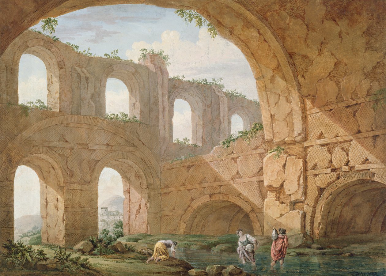 Willa Hadriana, niedaleko Tivoli (pióro i gwasz na papierze) autorstwa Charles Louis Clerisseau