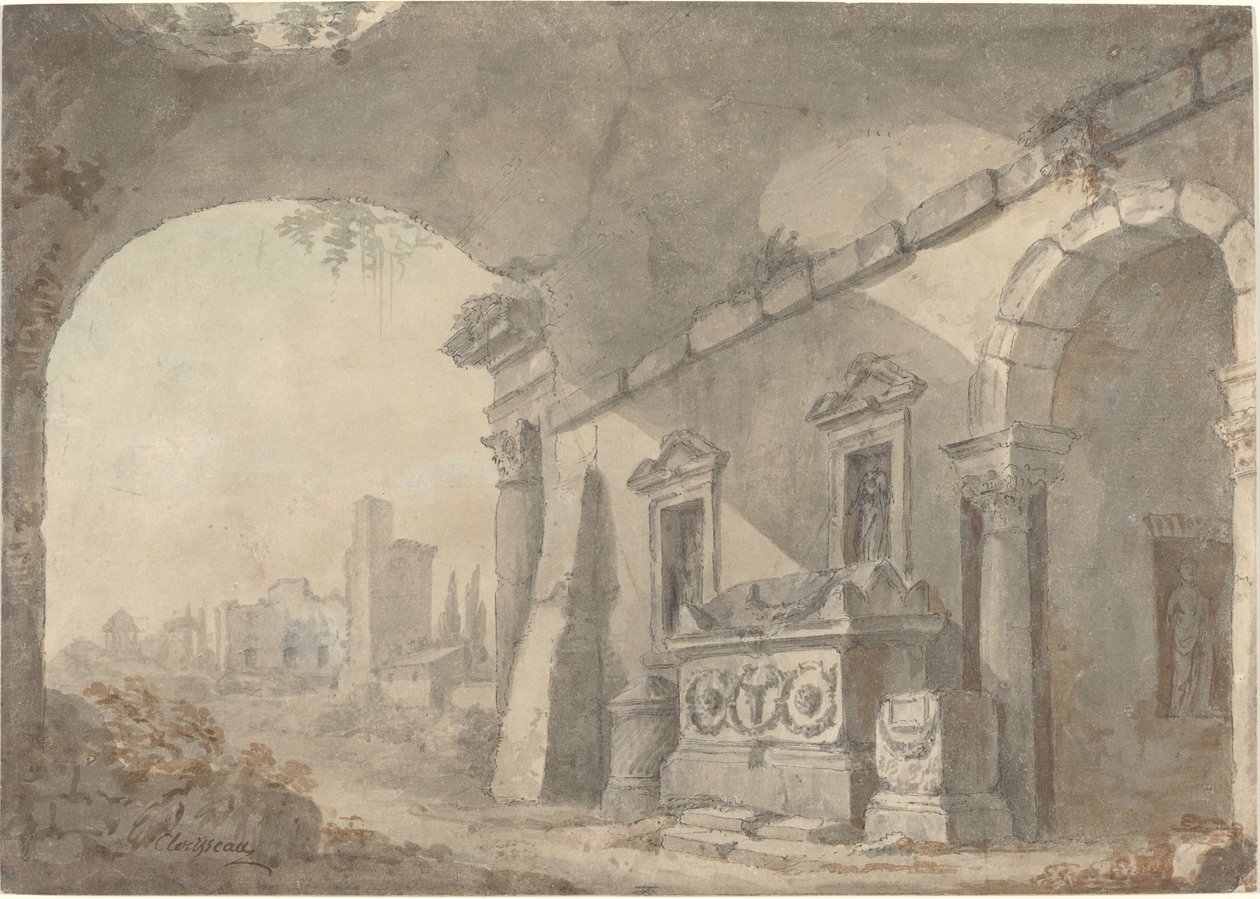 Ruiny rzymskie z grobowcem autorstwa Charles Louis Clerisseau